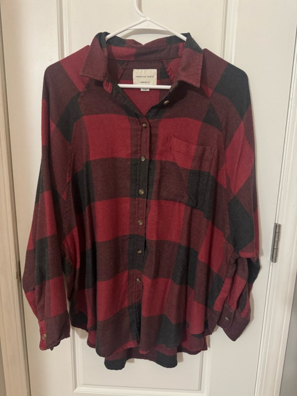 American Eagle Red and Black Plaid Flannel Shirt